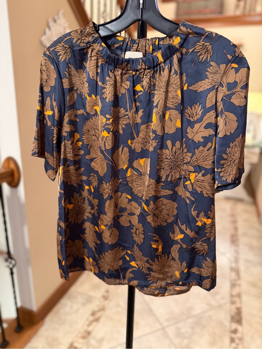 Melloday Women’s Small Navy Brown Floral Short Sleeve Blouse